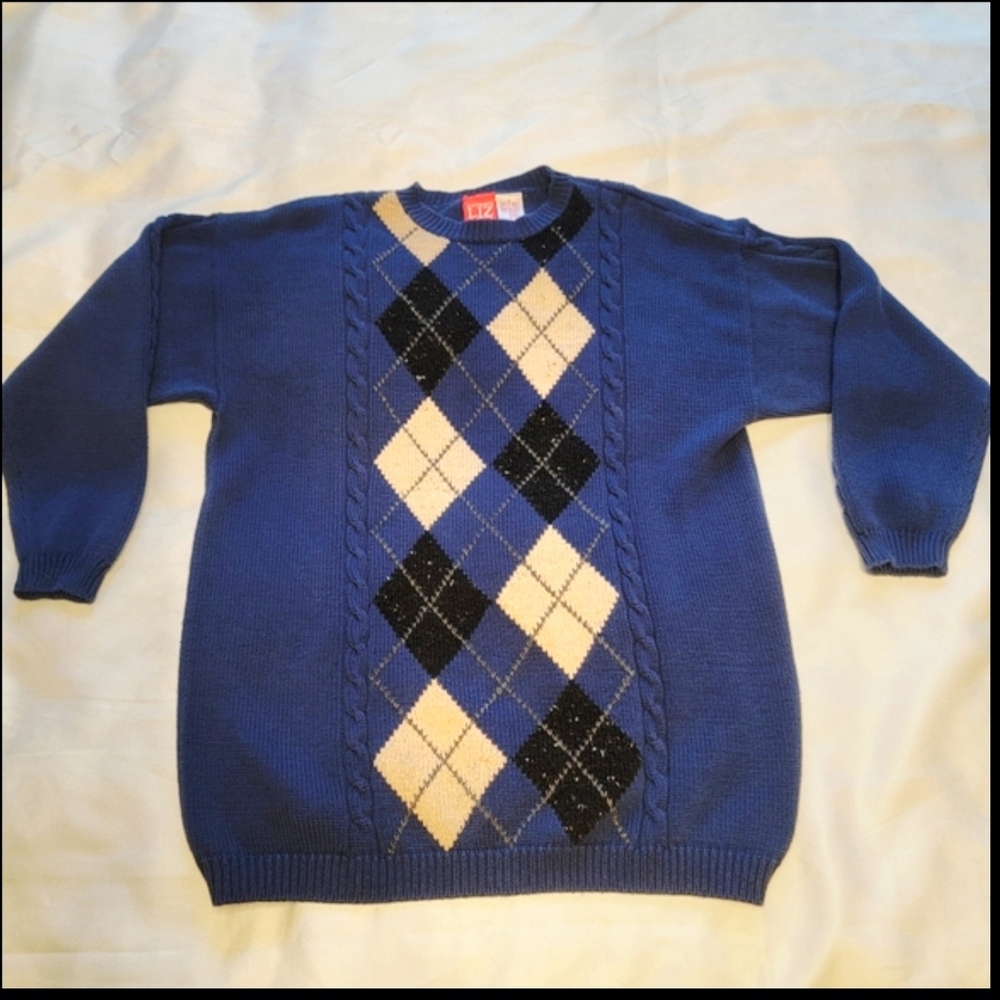 Liz Claiborne Argyle Cable Knit Preppy Sweater Small Cotton Granny Grandpa 1990s